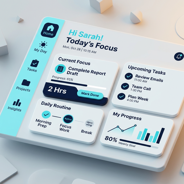 IndependancIA clean ADHD-friendly dashboard UI mockup